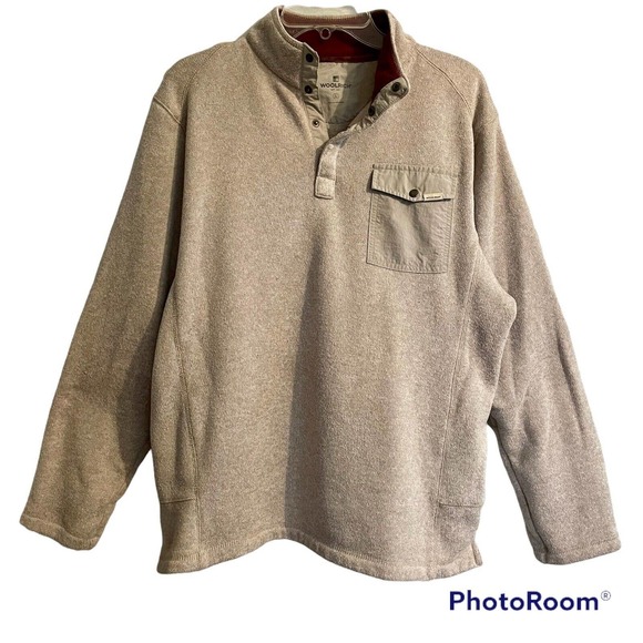 Woolrich Large 1/4 Snap Pullover Sweater Oatmeal Chest Pocket Mock Neck … - Picture 1 of 6